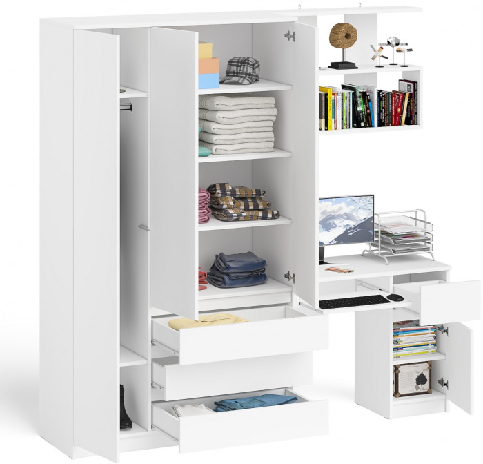 Мори Стол компьютерный МС-1 правый + Шкаф МШ1200.1 + Полка 900, цвет белый, ШхГхВ 210,4х50,4х209,6 см., НЕ универсальная сборка