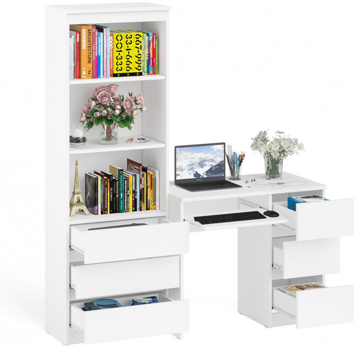Мори Стол компьютерный МС-6 правый + Стеллаж МСТ600.3, цвет белый, ШхГхВ 150,4х50х179,6 см., выдвижные ящики справа, НЕ универсальная сборка