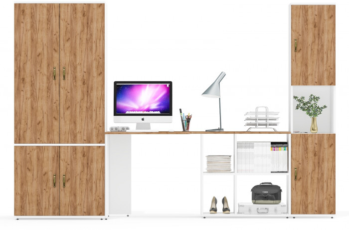 Лидер-8 Шкаф МД 19Б + Стол + Пенал, белый шагрень/крафт золото