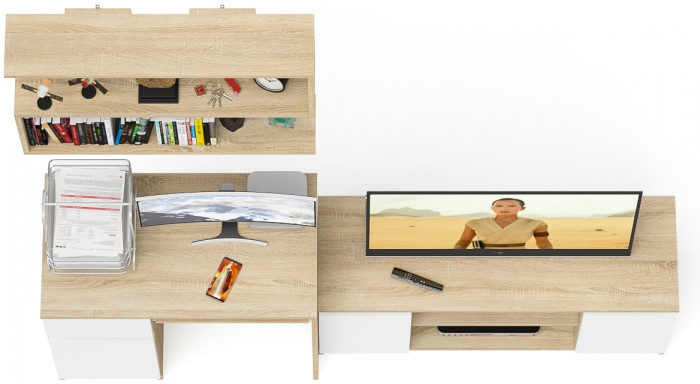 Мори компьютерный стол МС-1 левый + Тумба МТВ1200.1 + Полка 900, дуб сонома/белый