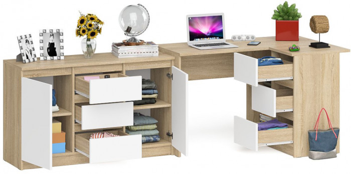 Мори компьютерный стол МС-16 правый + Комод МК1200.3, дуб сонома/белый
