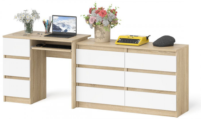 Мори компьютерный стол МС-6 левый + Комод МК1200.6, дуб сонома/белый