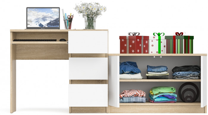 Мори компьютерный стол МС-6 правый + Тумба МА900.1, дуб сонома/белый