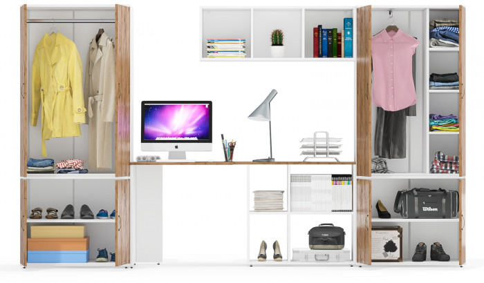 Лидер-8 Шкаф МД 20Б + Стол + Полка + Шкаф МД 19Б, цвет белый шагрень/крафт золото, ШхГхВ 325х50/37,5х75/190 или 115х240/50х75/190 см., НЕ ун.сб.