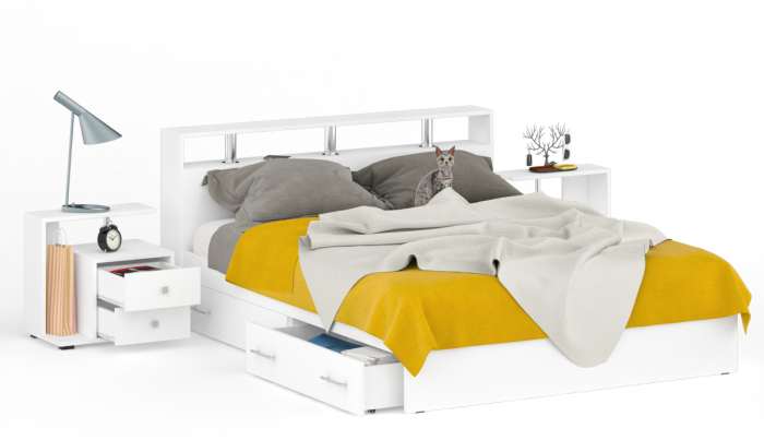 Камелия Кровать с ящиками 1600 + две тумбы, цвет белый, ШхГхВ 276х217х78,2 см., сп.м. 1600х2000 мм., без матраса, основание есть