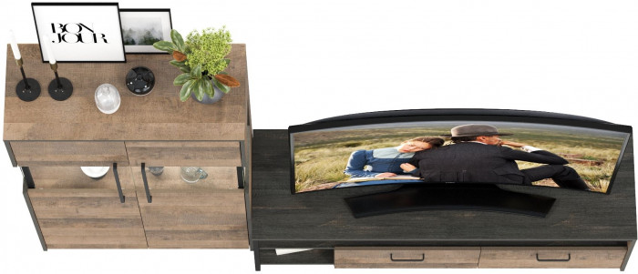 Трувор 13.70 Тумба под ТВ + 13.306 Комод с витриной, цвет дуб гранж песочный/интра, ШхГхВ 235,6х45,4х135,3 см., универсальная сборка