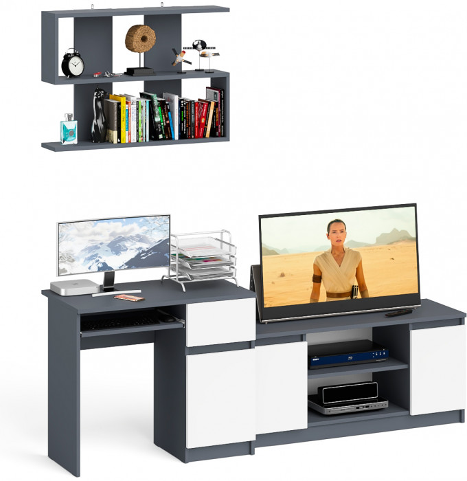 Мори компьютерный стол МС-1 правый + Тумба МТВ1200.1 + Полка 900, графит/белый