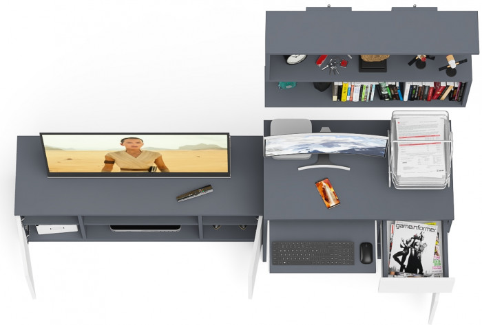 Мори компьютерный стол МС-1 правый + Тумба МТВ1200.1 + Полка 900, графит/белый