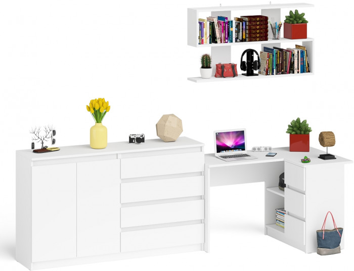 Мори компьютерный стол МС-16 правый + Комод МК1600.1 + Полка 1200, белый