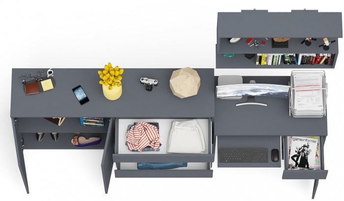 Мори Стол компьютерный МС-1 правый + Комод МК1600.1 + Полка 900, цвет графит, ШхГхВ 250,4х50х209,6 см., НЕ универсальная сборка