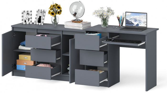 Мори Стол компьютерный МС-6 левый + Комод МК1200.3, цвет графит, ШхГхВ 210,4х50х76,6 см., выдвижные ящики слева, НЕ универсальная сборка