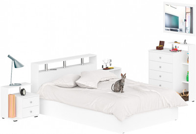 Камелия спальня № 5 Кровать 1400 + Две тумбы + Комод + Зеркало, белый