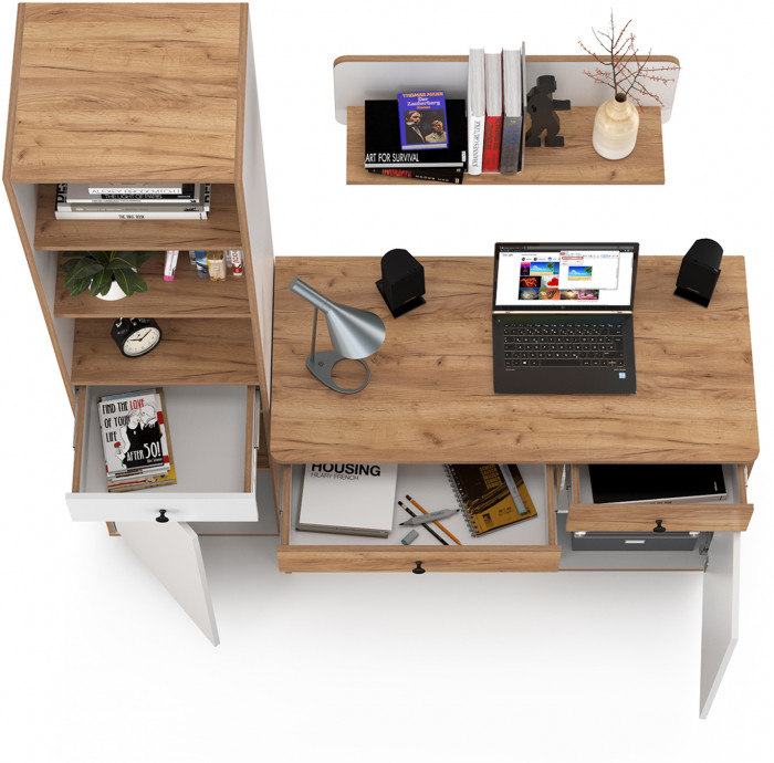 Вуди Компоновка № 03, цвет белый премиум/дуб крафт золотой, ШхГхВ 155х52,7х180,3 см., универсальная сборка