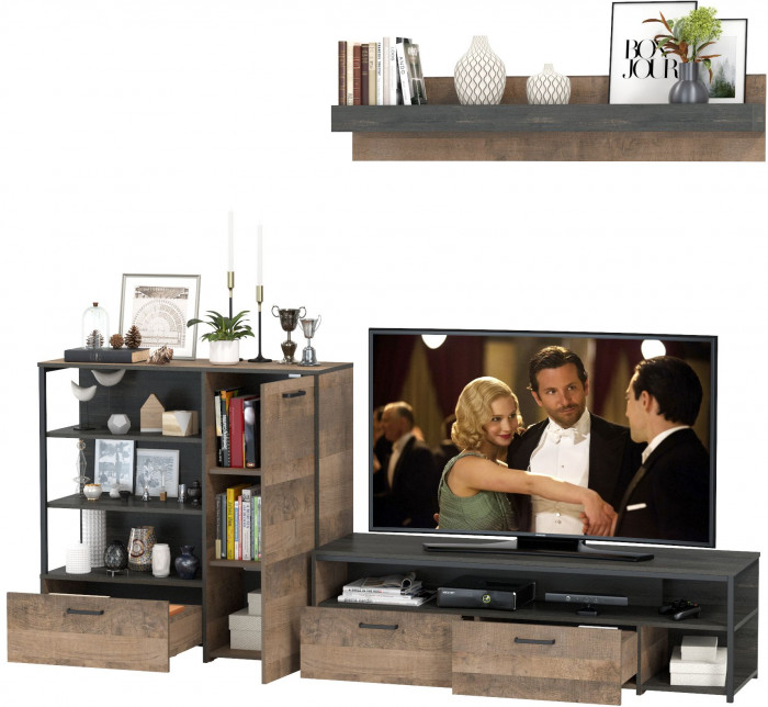 Трувор 13.70 Тумба под ТВ + 13.307.01 Комод + 15.60 Полка, цвет дуб гранж песочный/интра, ШхГхВ 258,8х45,4х195 см., универсальная сборка