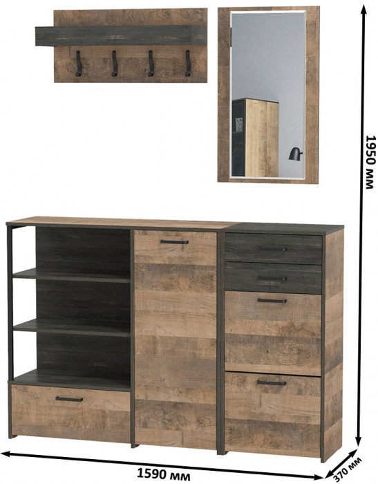 Трувор Прихожая 166, цвет дуб гранж песочный/интра, ШхГхВ 159х37х195 см., универсальная сборка