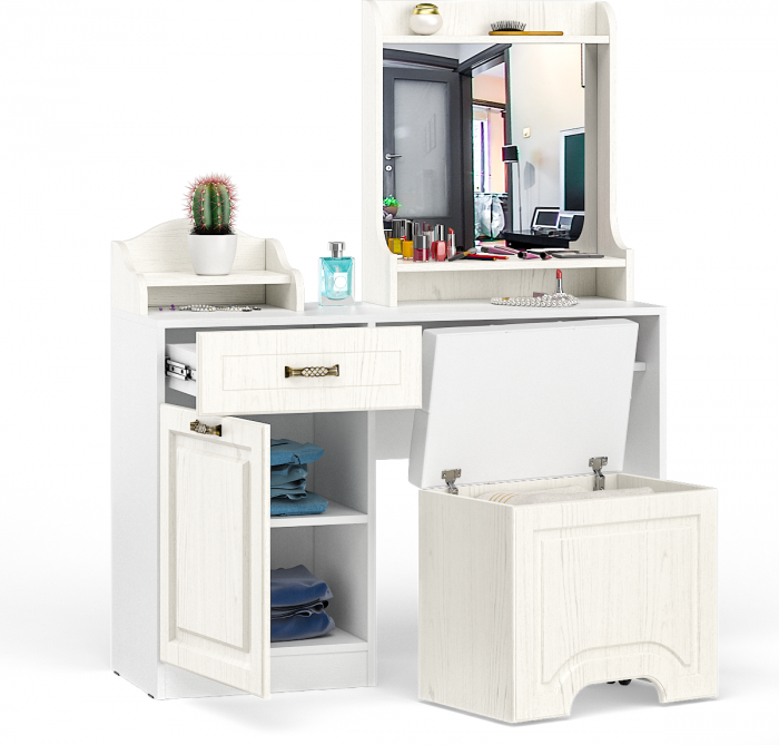 Ливерпуль Стол туалетный 12.46 + Полка 10.118 + Полка 10.117 + Пуф 14.02, цвет ясень ваниль/белый, НЕ универсальная сборка