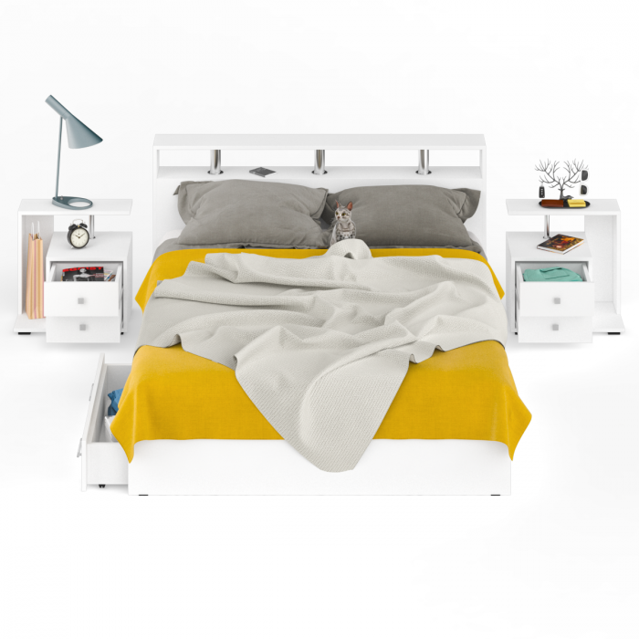 Камелия Кровать с ящиками 1600 + две тумбы, цвет белый, ШхГхВ 276х217х78,2 см., сп.м. 1600х2000 мм., без матраса, основание есть