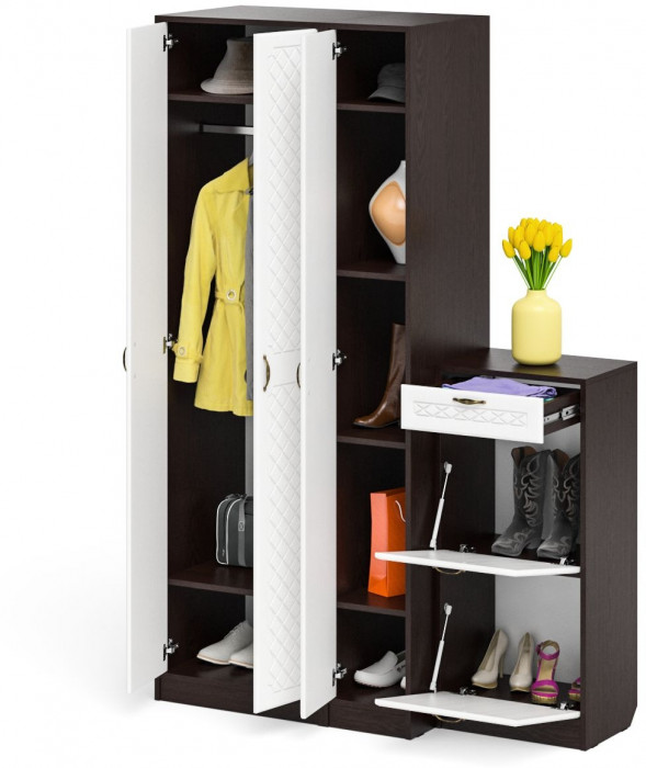 Прихожая П-6 Компоновка № 48, венге/фасады МДФ белое дерево фрезеровка ромб