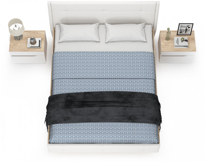 Муссон Кровать 11.28 + подъёмный ортопед + 2 х Тумба 16.03, цвет белый/дуб эндгрейн элегантный/кожзам белый/, сп. м. 1600х2000 мм., б/м