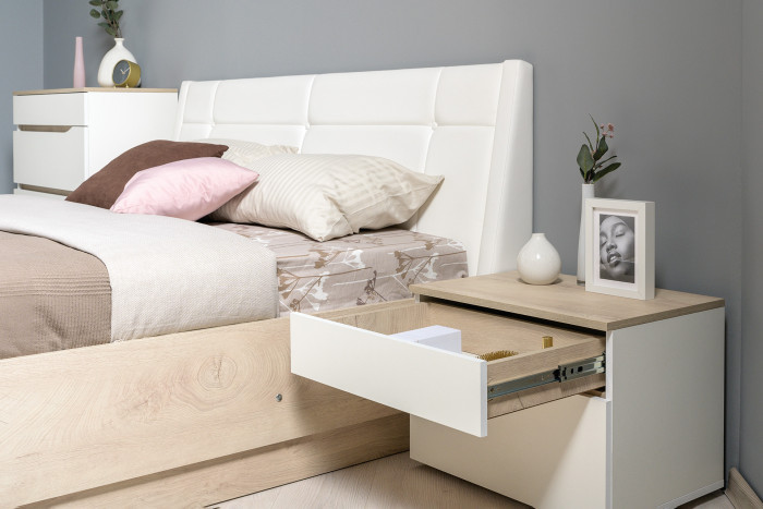 Муссон Кровать 11.28 + подъёмный ортопед + 2 х Тумба 16.03, цвет белый/дуб эндгрейн элегантный/кожзам белый/, сп. м. 1600х2000 мм., б/м