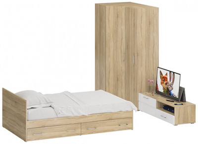 Спальня Стандарт 4-1200Я, дуб сонома/фасады ТВ тумбы МДФ белый глянец