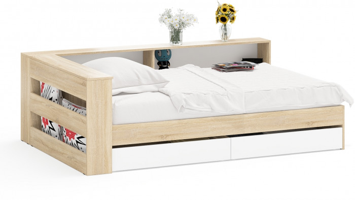 Ксения Кровать с ящиками 1200 + прикроватный блок, дуб сонома/белый