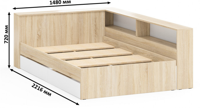 Ксения Кровать с ящиками 1200 + прикроватный блок, дуб сонома/белый