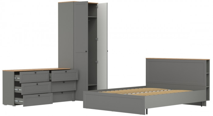 Остин 11.53 Кровать + ортопед + 13.224 Шкаф + 16.240 Комод, серый графит/дуб крафт золотой